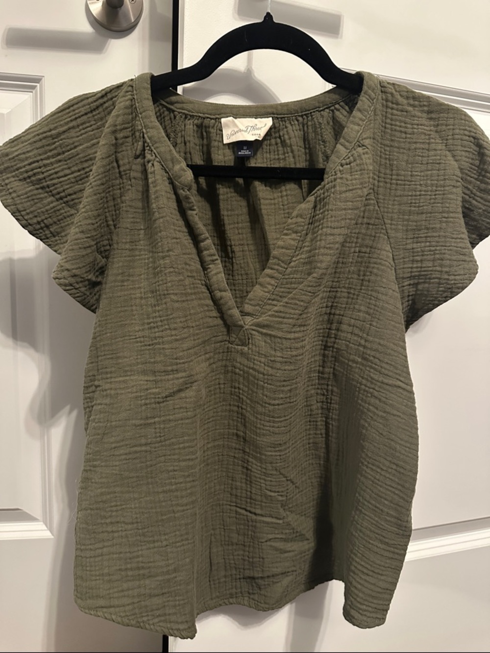 Olive Textured V-Neck Short Sleeve Top